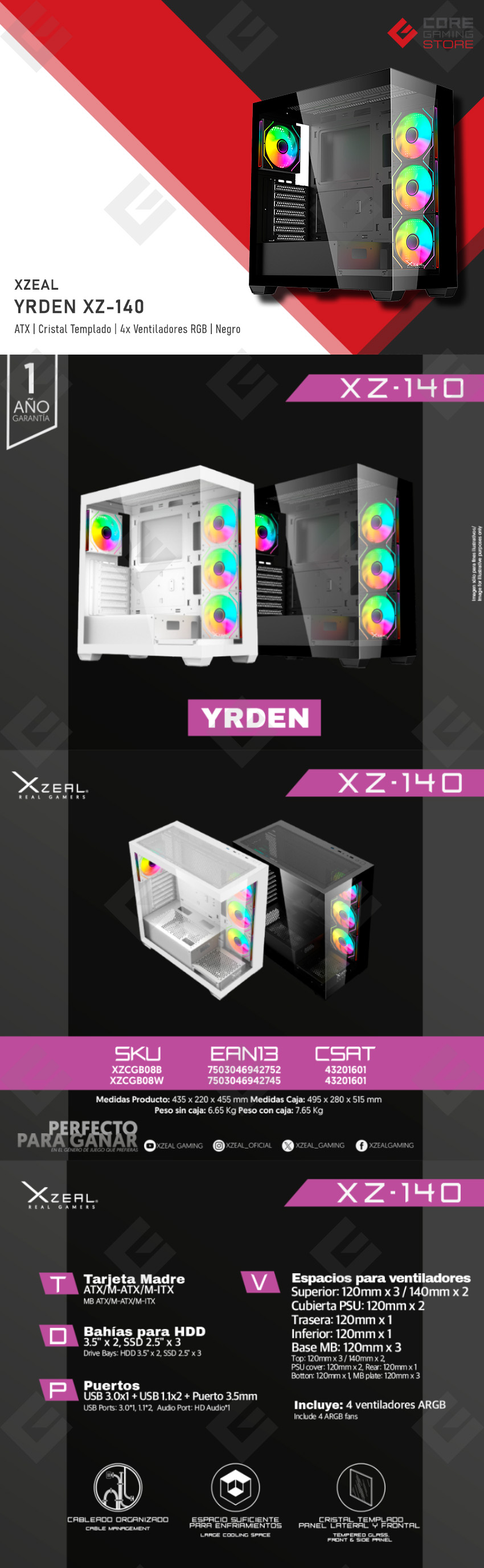 Gabinete Xzeal Yrden XZ-140, ATX, Cristal Templado, 4x Ventiladores ARGB, Negro - XZCGB08B