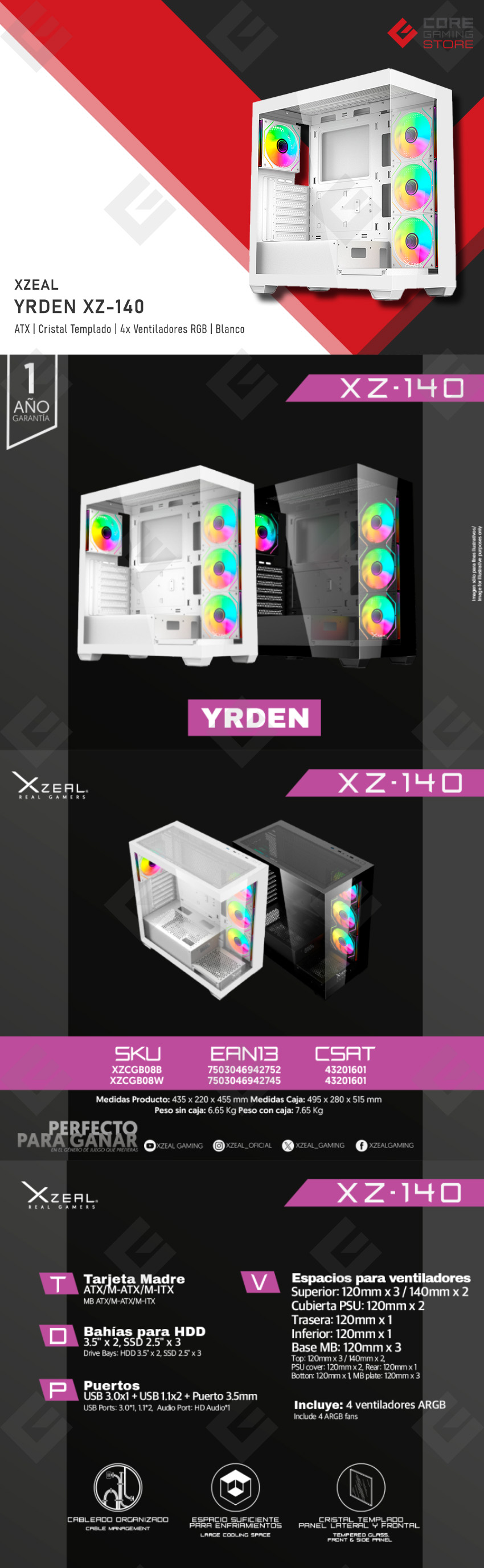 Gabinete Xzeal Yrden XZ-140, ATX, Cristal Templado, 4x Ventiladores ARGB, Blanco - XZCGB08W