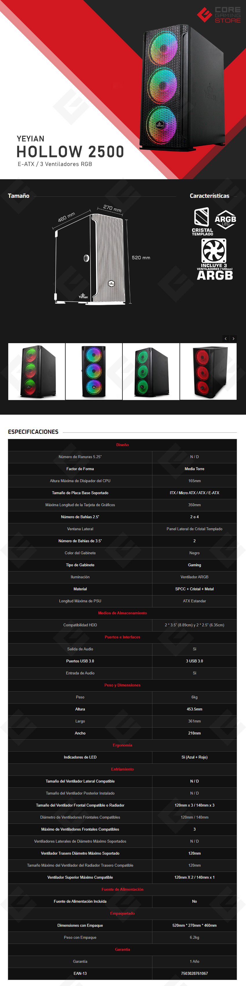 Gabinete Yeyian Hollow 2500, Negro, E-ATX, Cristal Templado, 3 Ventiladores ARGB - YGH-49703