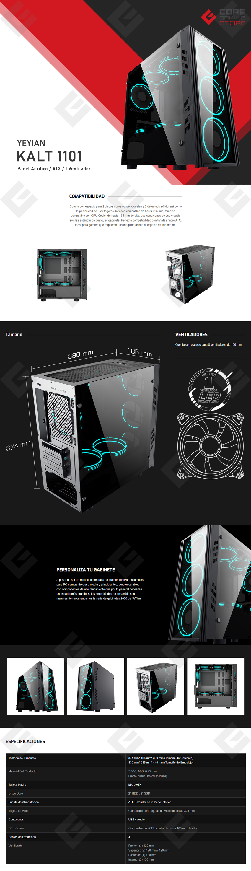 Gabinete Yeyian Kalt 1101, Panel Acrilico, 1 Ventilador Led Azul, Micro-ATX - YNH-K1101