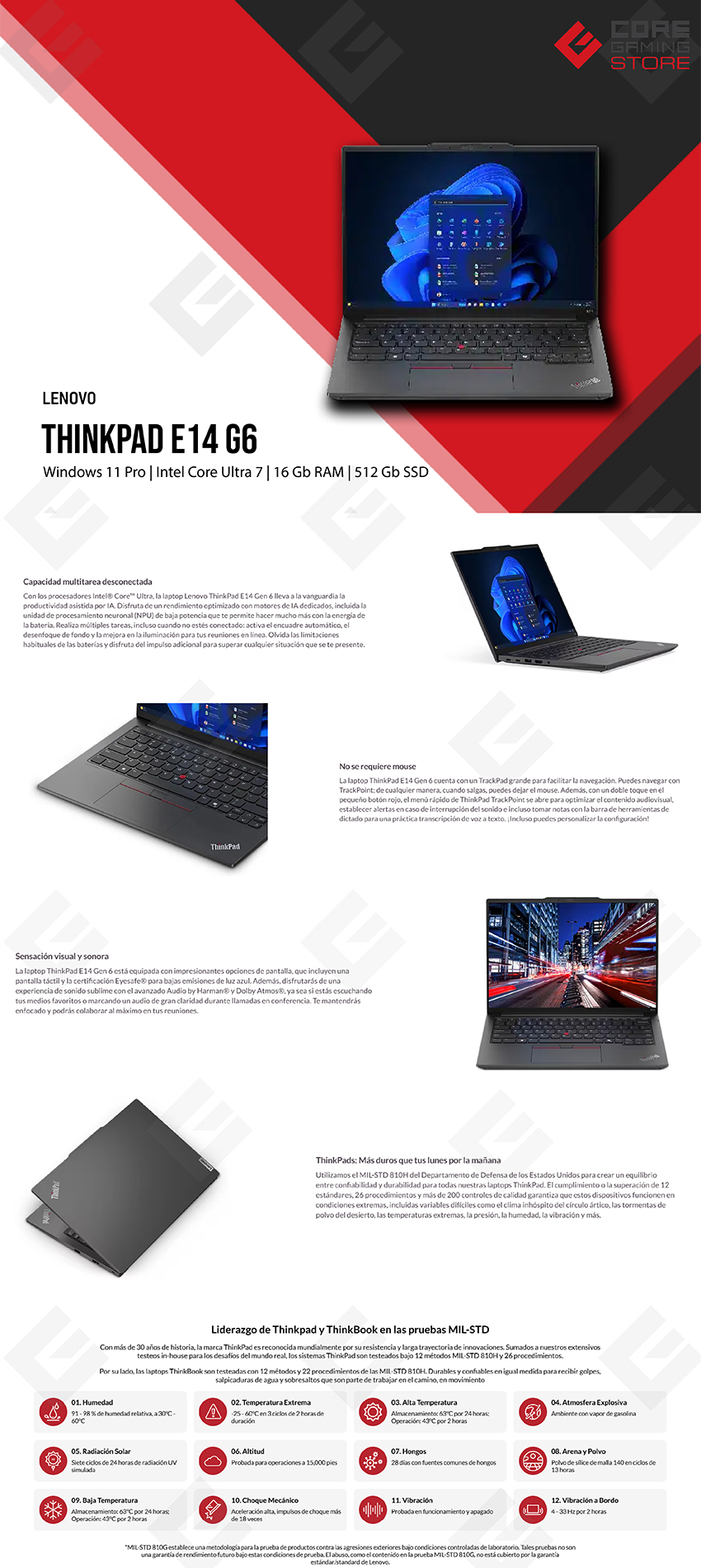 Laptop Lenovo ThinkPad E14 Gen 6, 14", Intel Core Ultra 7 155H, 16GB DDR5, 512GB SSD, Windows 11 Pro - 21M8000VLM