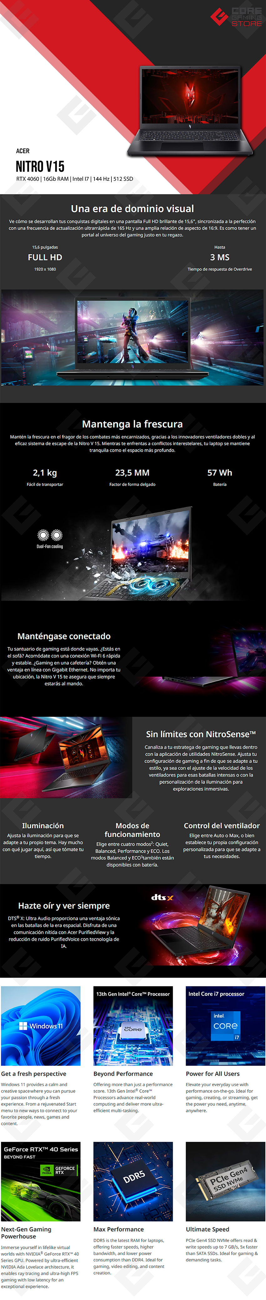 Laptop Gamer Acer Nitro V 15 15.6" FHD 144Hz, Intel Core i7-13620H, 16GB DDR5, 512GB SSD, NVIDIA GeForce RTX 4060, Windows 11 Home - ANV15-51-789J