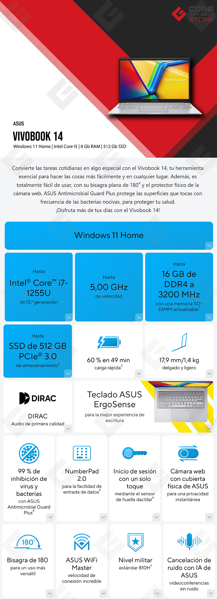 Laptop ASUS Vivobook 14, 14", Intel Core i5-1334U, 8GB DDR4, 512GB SSD NVMe, Windows 11 Home - F1404VA