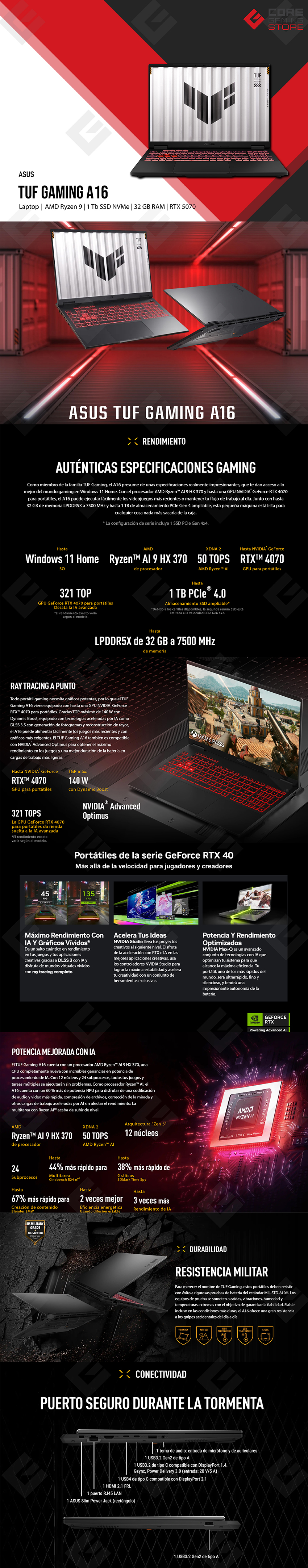 Laptop ASUS TUF Gaming A16, 16, FHD+ 165Hz, AMD Ryzen 9 270, 32GB DDR5, RTX 5070 8GB, 1TB SSD NVMe, Windows 11 Home - FA608UP-A16.R95070