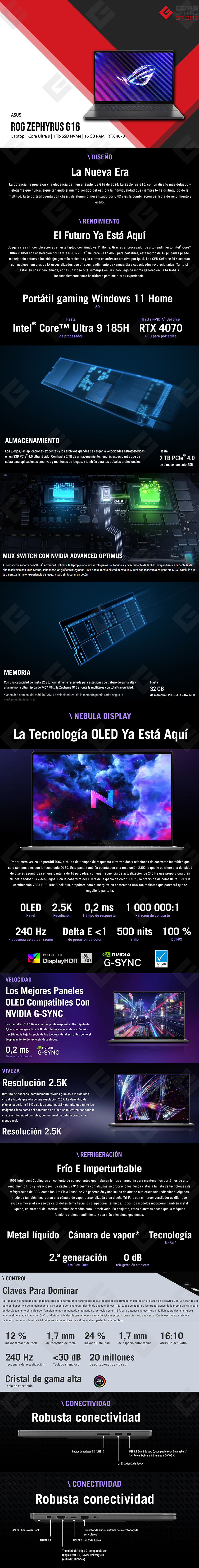 Laptop ASUS ROG Zephyrus G16, 16", OLED QHD 240Hz, Intel Core Ultra 9 185H, 16GB LPDDR5X, RTX 4070 8GB, 1TB SSD NVMe, Windows 11 Home - GU605MI-G16
