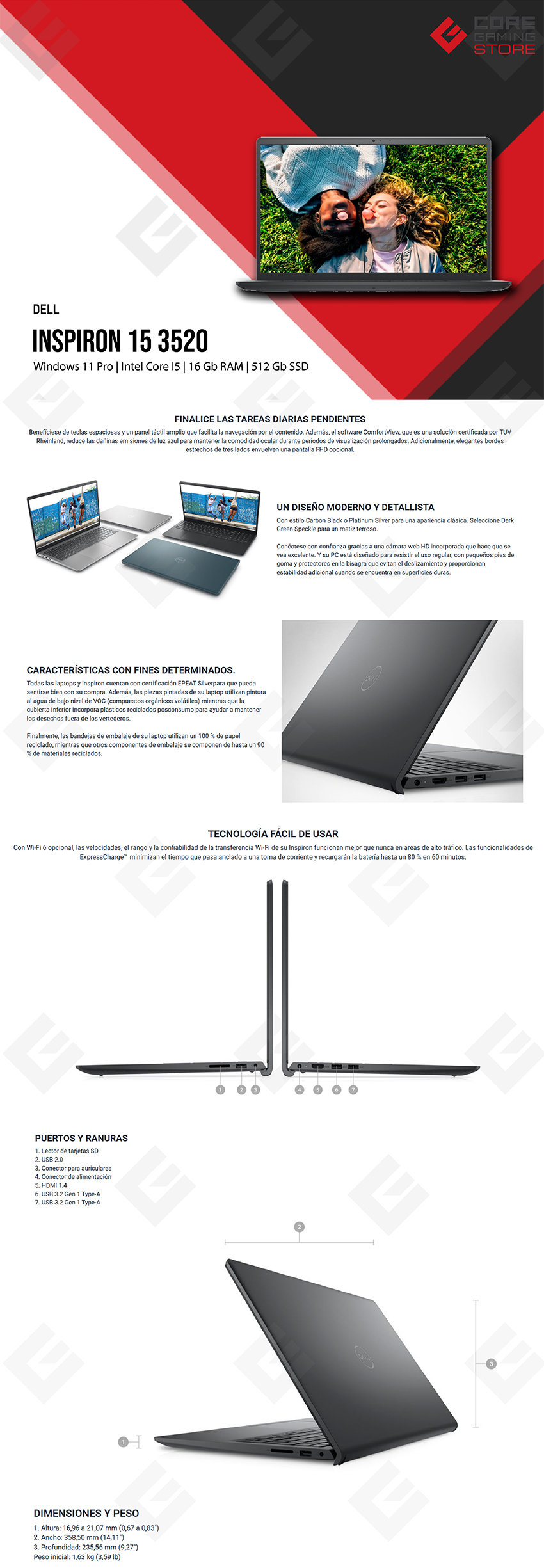 Laptop Dell Inspiron 3520, 15.6", Intel Core i5-1235U, 16GB DDR4, 512GB SSD NVMe, Windows 11 Home