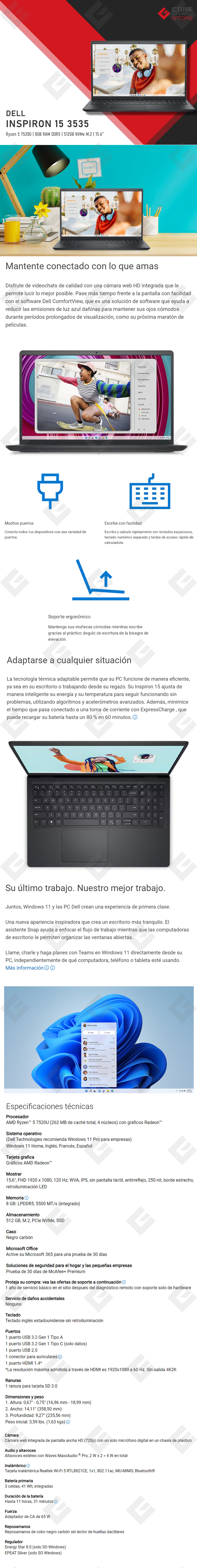 Laptop Dell Inspiron 15, Ryzen 5 7520U, 8GB RAM DDR5, 512GB SSD M.2, Windows 11 Home - inspiron-15-3535