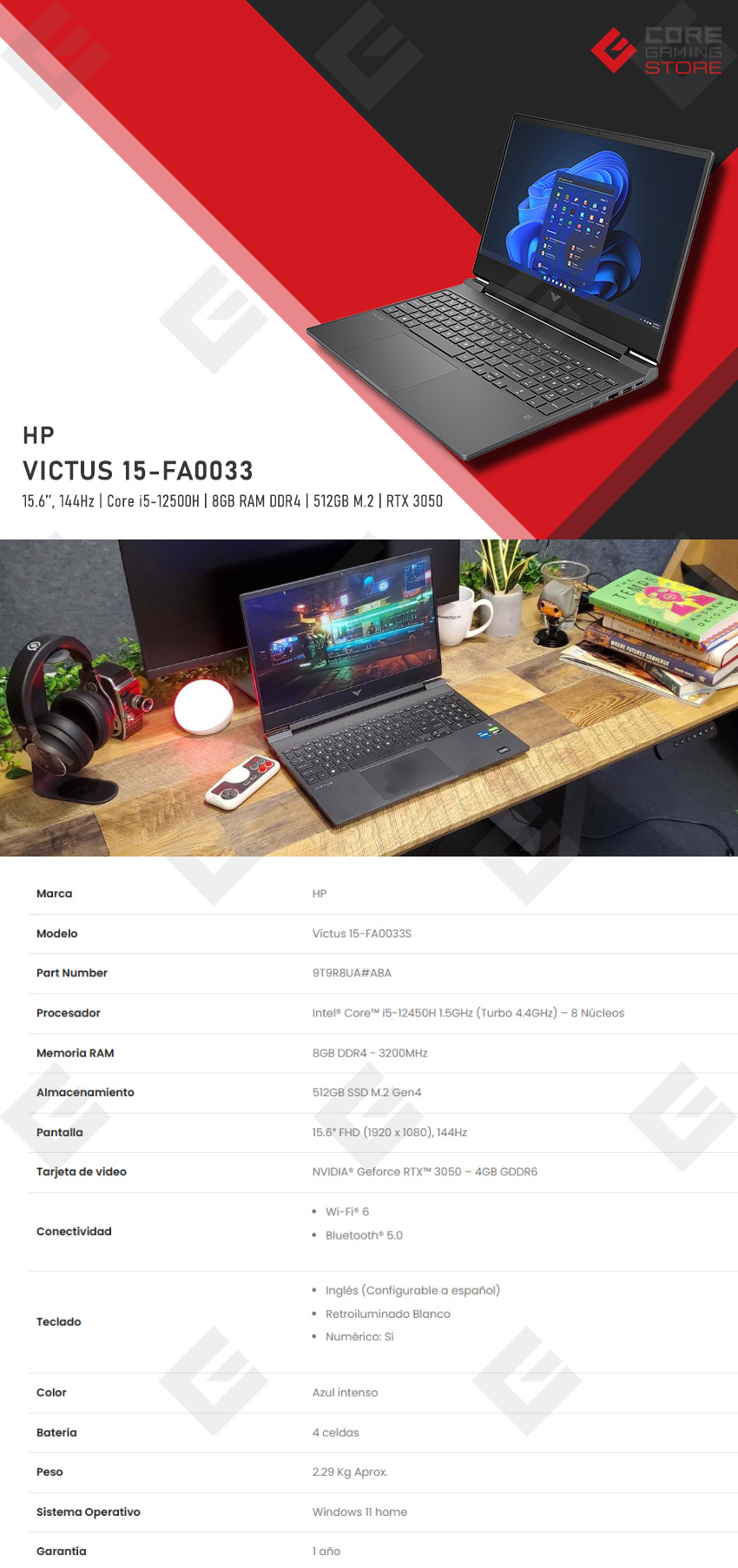 Laptop HP Victus 15 Gaming, 15.6", 144Hz, Intel Core i5-12500H, 8GB DDR4, RTX 3050, 512GB SSD NVMe M.2 - 15-FA0033