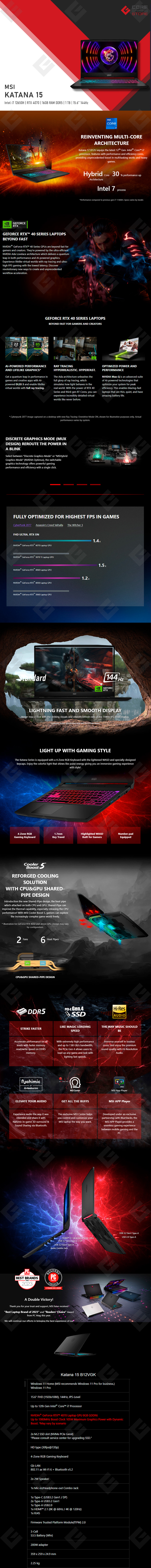 Laptop MSI Katana 15, Intel Core i7-12650H, 16GB RAM DDR5, RTX 4070, 1TB SSD, 15.6" 144Hz - B12VGK-813US