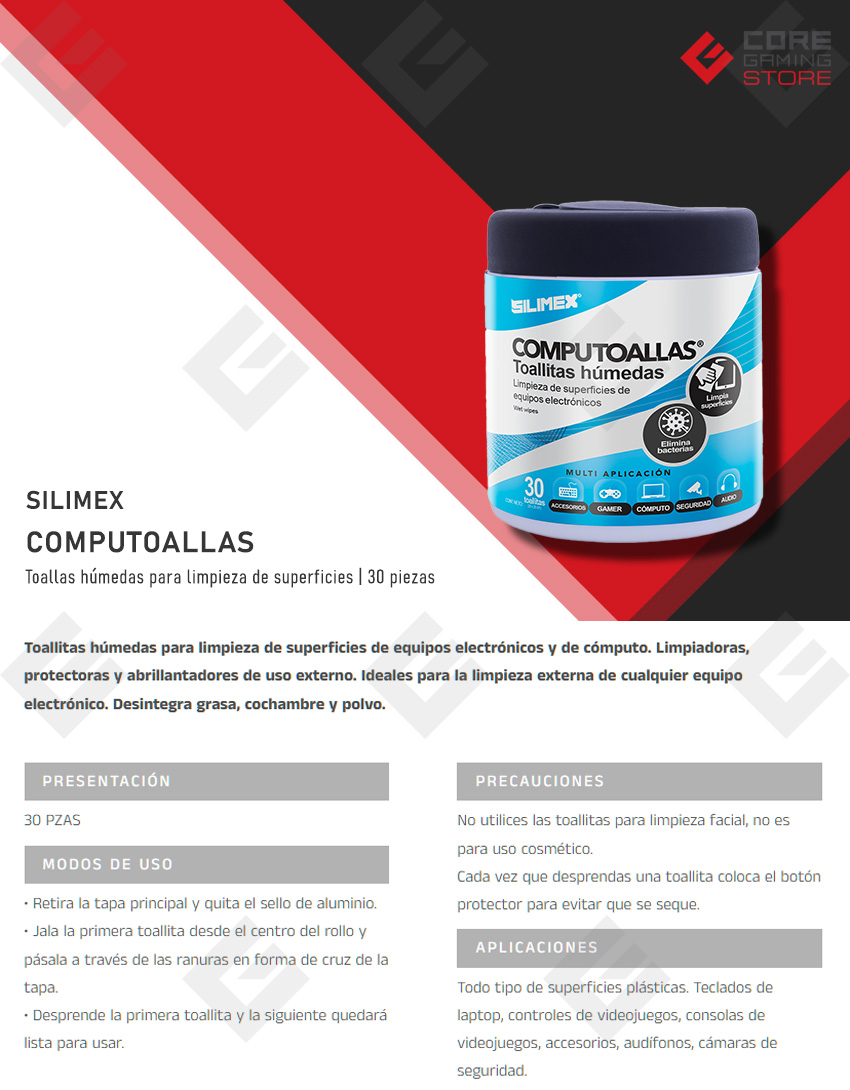 Computoallas Silimex, Toallitas húmedas, Uso externo, 30 Pzas - 750300219672