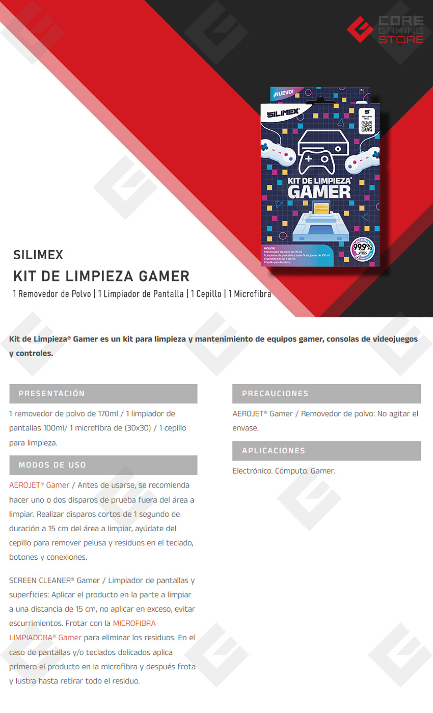 Kit de limpieza Gamer Silimex, 1 removedor de polvo de 170ml / 1 limpiador de pantallas 100ml/ 1 microfibra de (30x30) / 1 cepillo para limpieza - 7503018454030