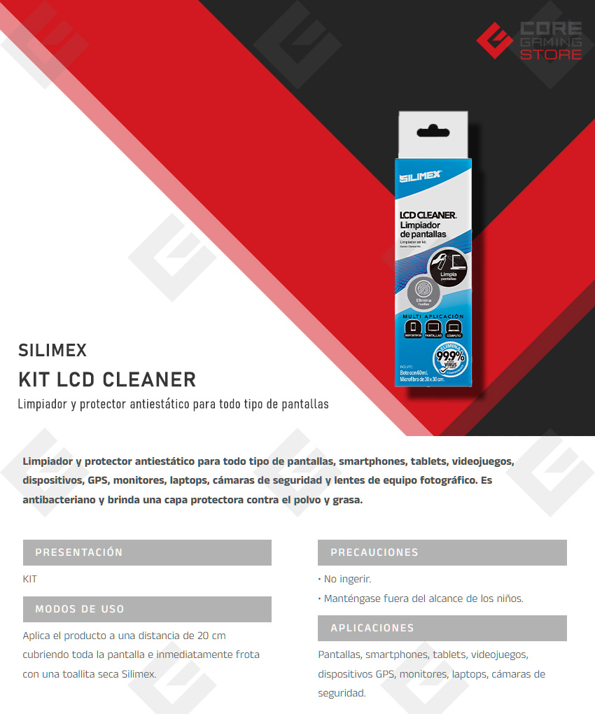 Kit LCD Cleaner Silimex, Limpiador y protector antiestático, Antibacteriano, 1 Limpiador, 1 Microfibra - 750300219666