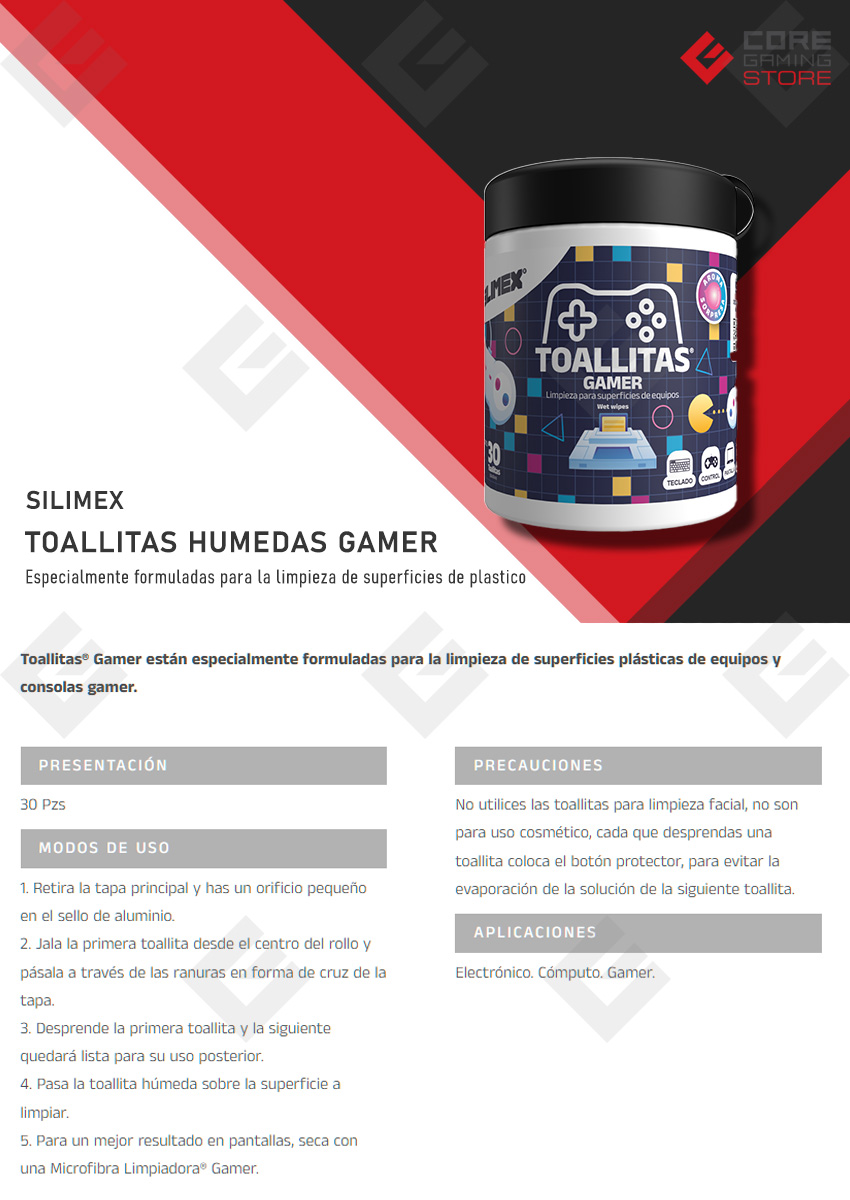 Toallitas humedas limpiadoras Gamer Silimex, Limpieza de superficies, 30 Pzs - 7503018454009