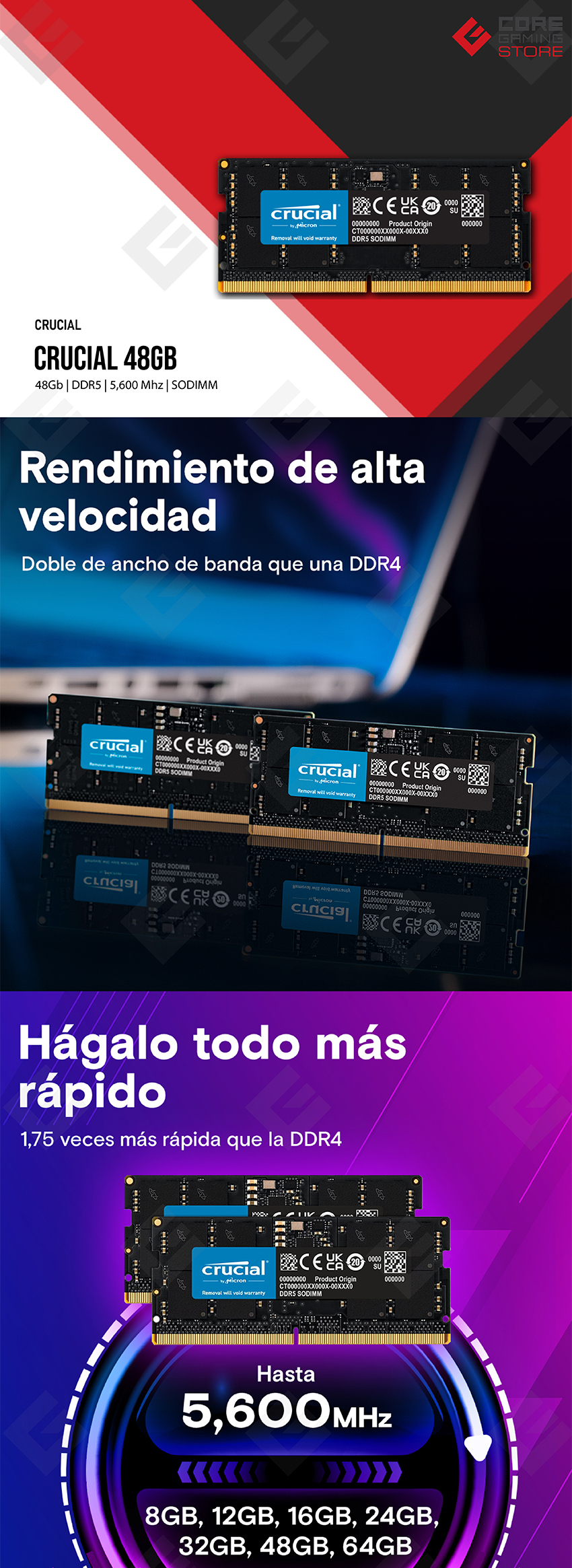 Memoria RAM Crucial 48GB DDR5-5600 SODIMM, 262-pin, CL46, 1.1V - CT48G56C46S5
