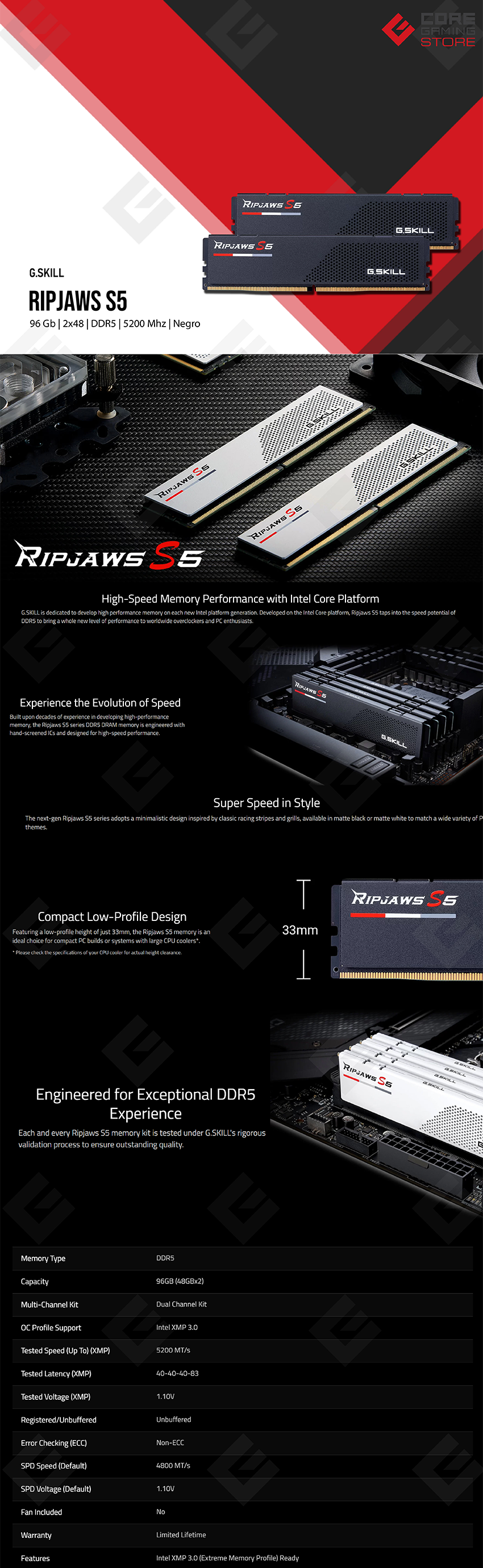 Memoria RAM G.Skill Ripjaws S5 Negra 96GB 2x48GB DDR5 5200MHz - F5-5200J4040A48GX2-RS5K