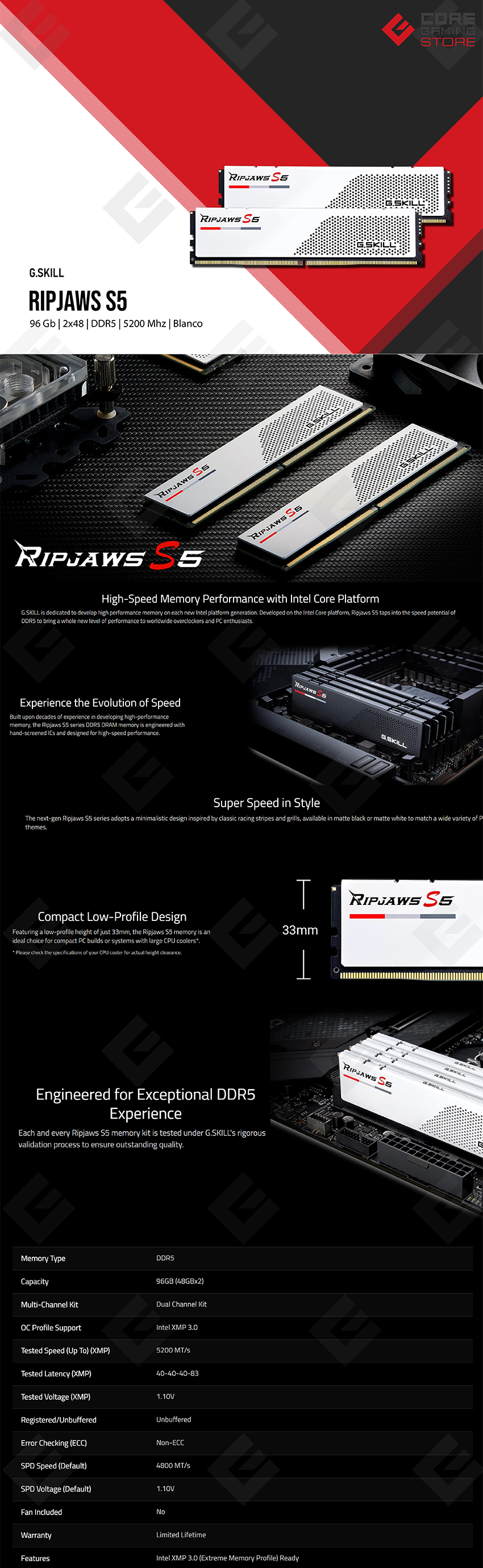 Memoria RAM G.Skill Ripjaws S5 Blanca 96GB 2x48GB DDR5 5200MHz - F5-5200J4040A48GX2-RS5W