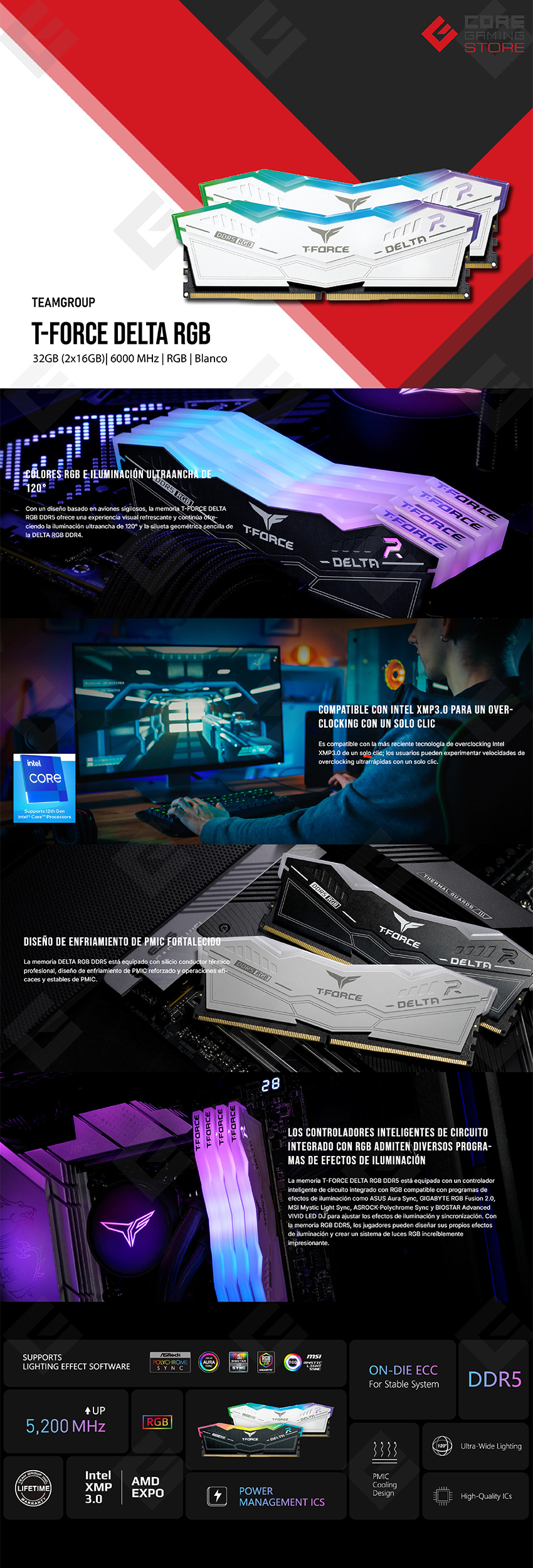 Memoria RAM TEAMGROUP T-Force Delta RGB Blanca 32GB 2x16GB DDR5 6000MHz - FF4D532G6000HC38ADC01