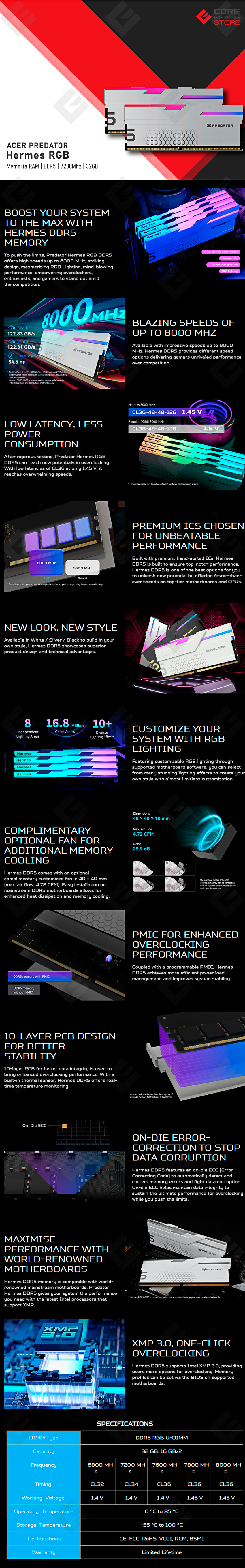 Memoria RAM Acer Predator Hermes RGB, DDR5, 32GB 2x16GB, 7200Mhz, Plata - BL.9BWWR.407