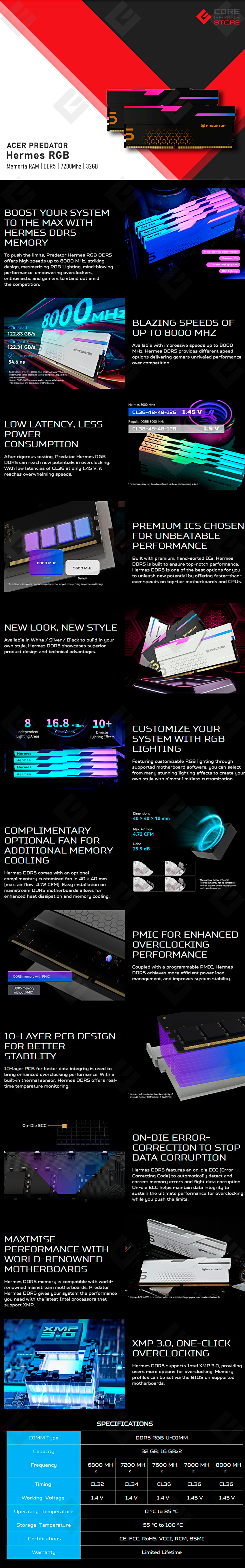 Memoria RAM Acer Predator Hermes RGB, DDR5, 32GB 2x16GB, 7200Mhz, Negro - BL.9BWWR.406