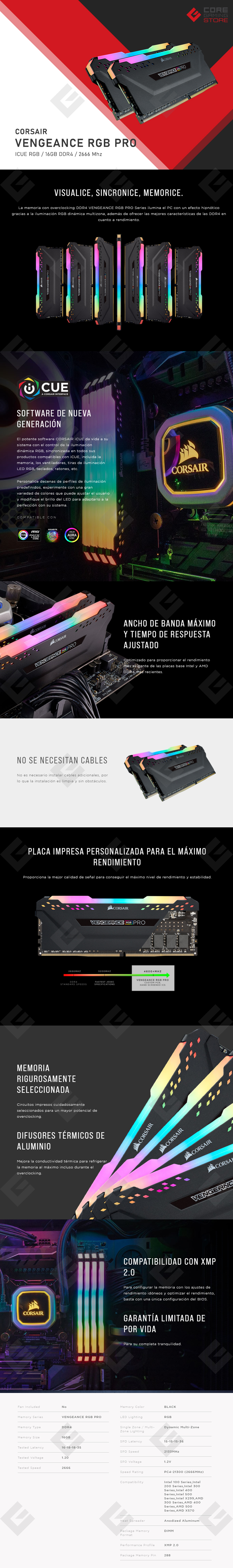Memoria RAM Corsair Vengeance RGB Pro 16GB 2X8GB 2666Mhz - CMW16GX4M2A2666C16