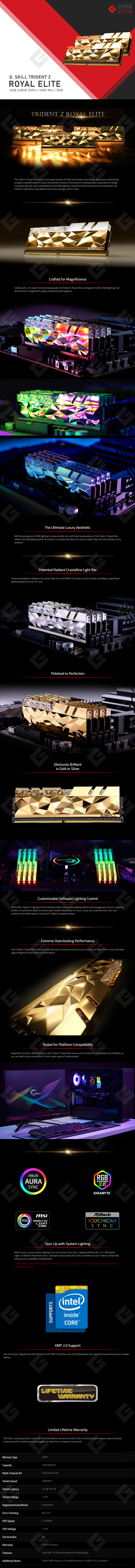 Memoria RAM G. Skill Trident Z Royal Elite Oro 16GB 2X8GB DDR4 4800MHZ CL19-28-28-48 1.50V - F4-4800C19D-16GTEGC