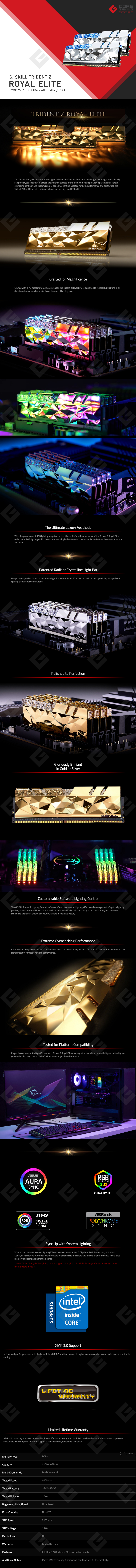 Memoria RAM G. Skill Trident Z Royal Elite Plata 32GB 2X16GB DDR4 4000MHZ CL16-19-19-39 1.40V - F4-4000C16D-32GTES