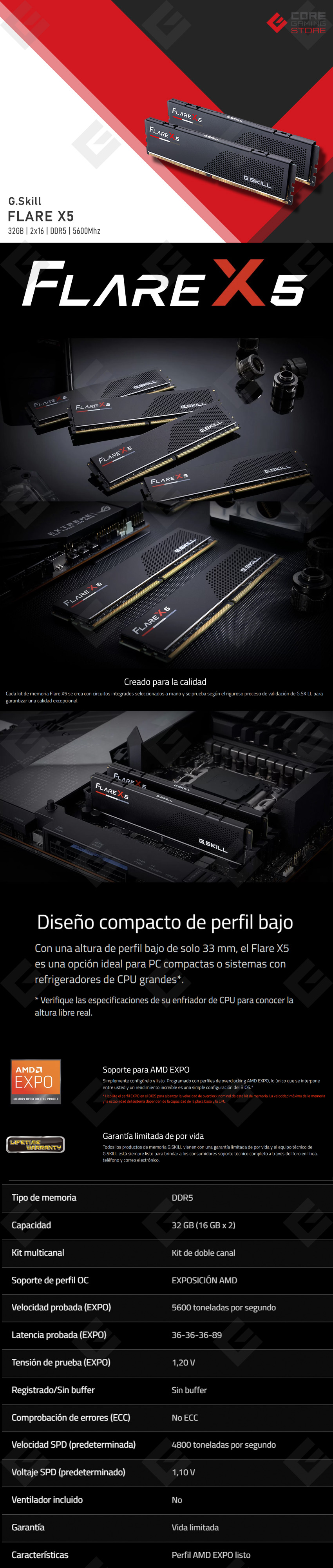 Memoria RAM G.Skill Flare X5 Negra 32GB 2x16GB DDR5 5600Mhz - F5-5600J3636C16GX2-FX5