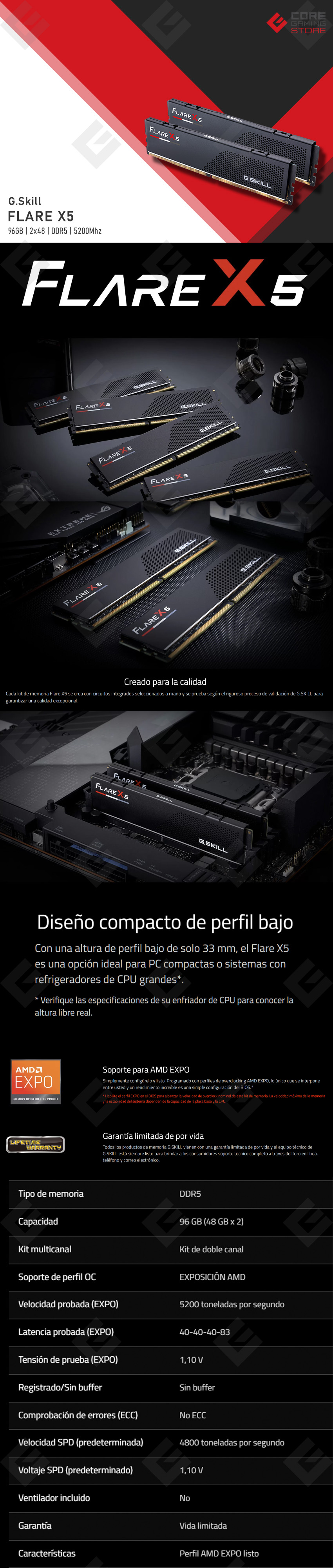 Memoria RAM G.Skill Flare X5 Negra 96GB 2x48GB DDR5 5200Mhz - F5-5200J4040A48GX2-FX5