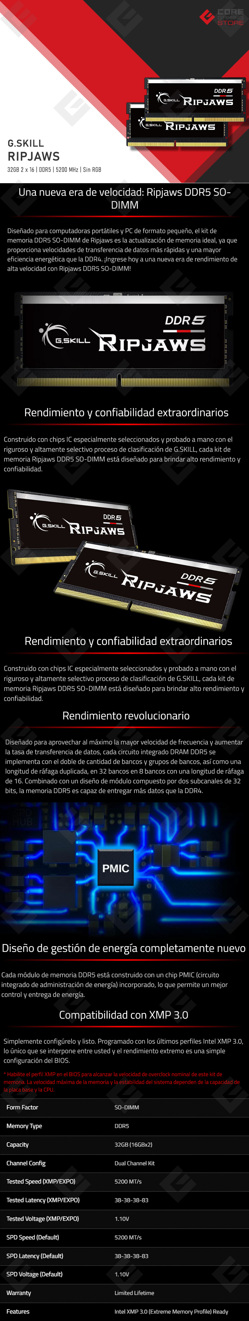 Memoria RAM G,Skill Ripjaws, SO-DIMM, 32GB, DDR5, 5200Mhz, 2x16 - F5-5200S3838A16GA2-RS