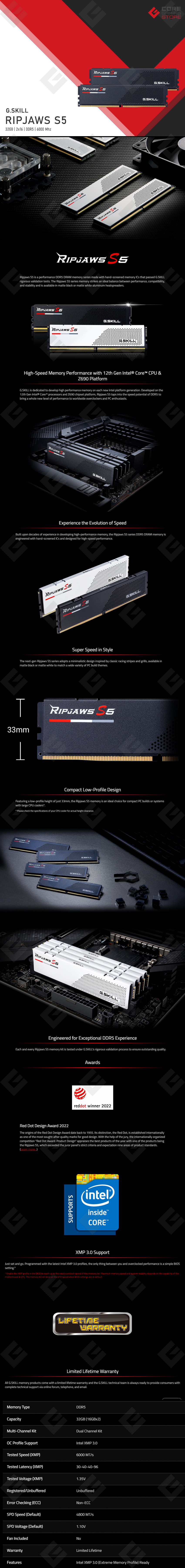 Memoria RAM G.Skill Ripjaws S5 Negro 32GB 2x16GB DDR5 6000Mhz - F5-6000J3040F16GA2-RS5K