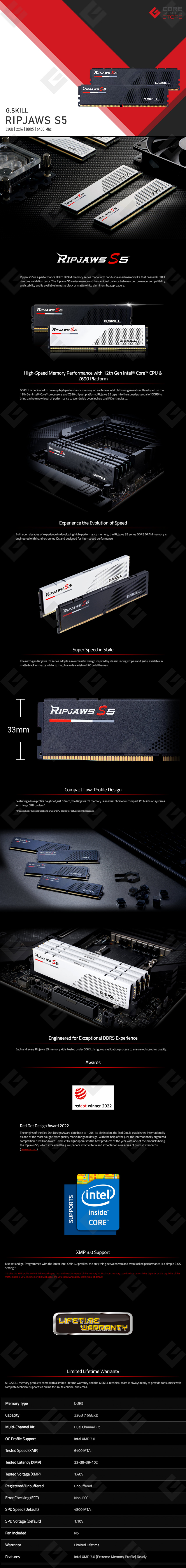 Memoria RAM G.Skill Ripjaws S5 Negro 32GB 2x16GB DDR5 6400Mhz - F5-6400J3239G16GX2-RS5K