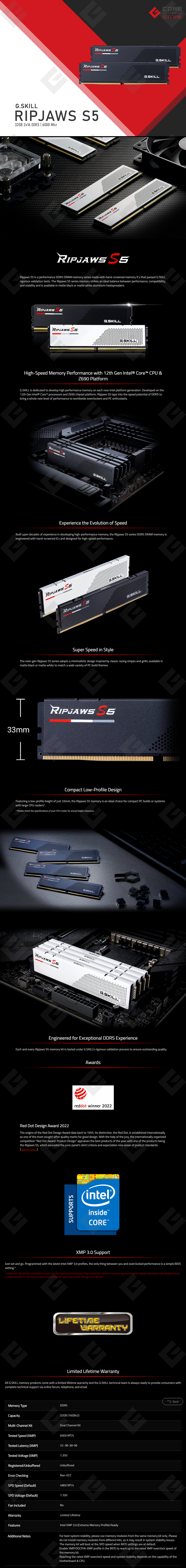Memoria RAM G.Skill Ripjaws S5 Negra 32GB 2x16GB DDR5 6000Mhz - F5-6000J3636F16GX2-RS5K