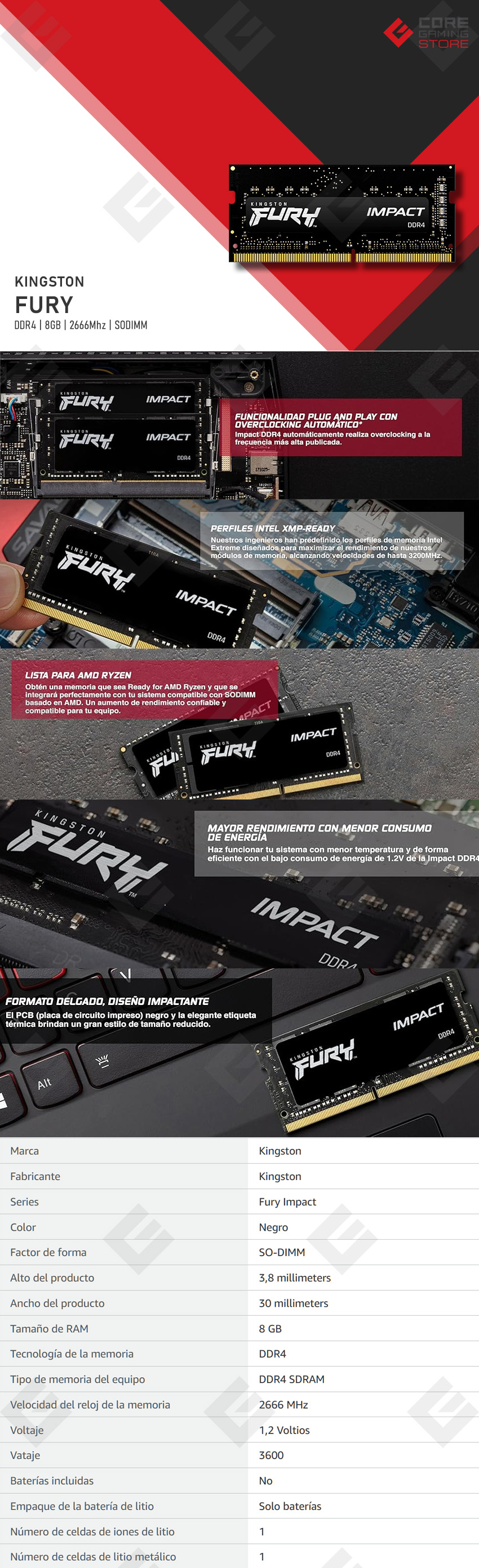 Memoria RAM Kingston Fury, SO-DIMM, DDR4, 8GB 1x8, 2666Mhz - KF426S15IB/8