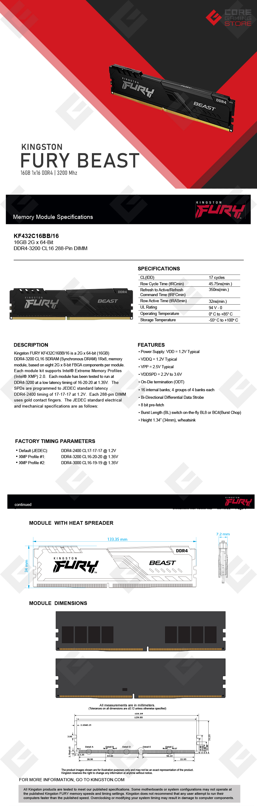 Memoria RAM Kingston Fury Beast 16GB 1x16GB 3200Mhz - KF432C16BB/16