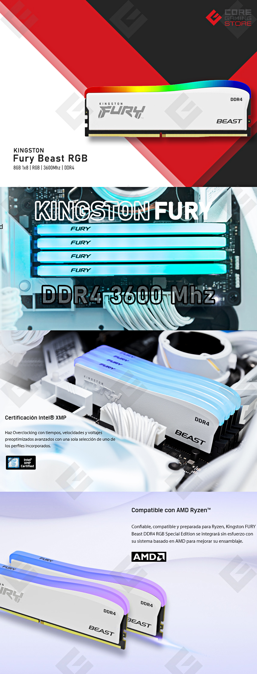 Memoria RAM Kingston Fury Beast RGB White Special Edition, 8GB 1x8GB 3200Mhz - KF436C17BWA/8