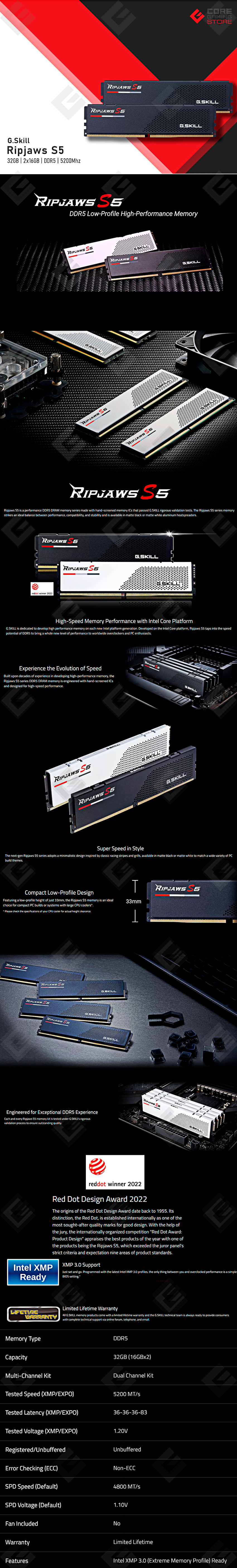Memoria RAM G.Skill Ripjaws S5 Negra 32GB 2x16GB DDR5 5200Mhz - F5-5200J3636C16GA2-RS5K