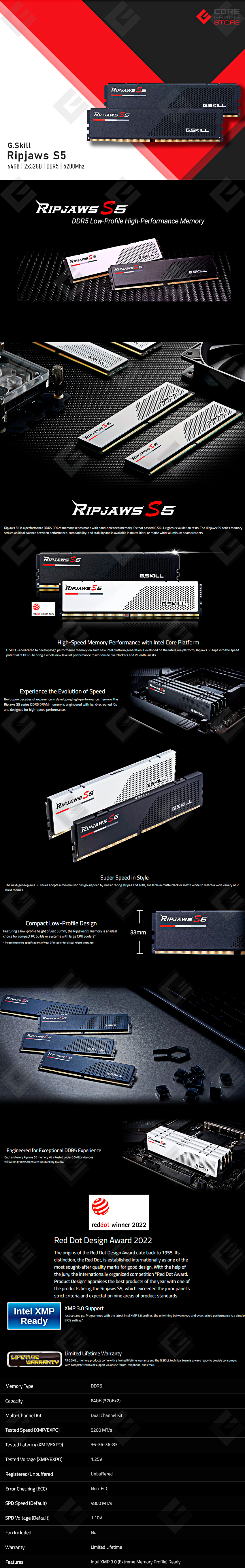 Memoria RAM G.Skill Ripjaws S5 Negra 64GB 2x32GB DDR5 5200Mhz - F5-5200J3636D32GA2-RS5K