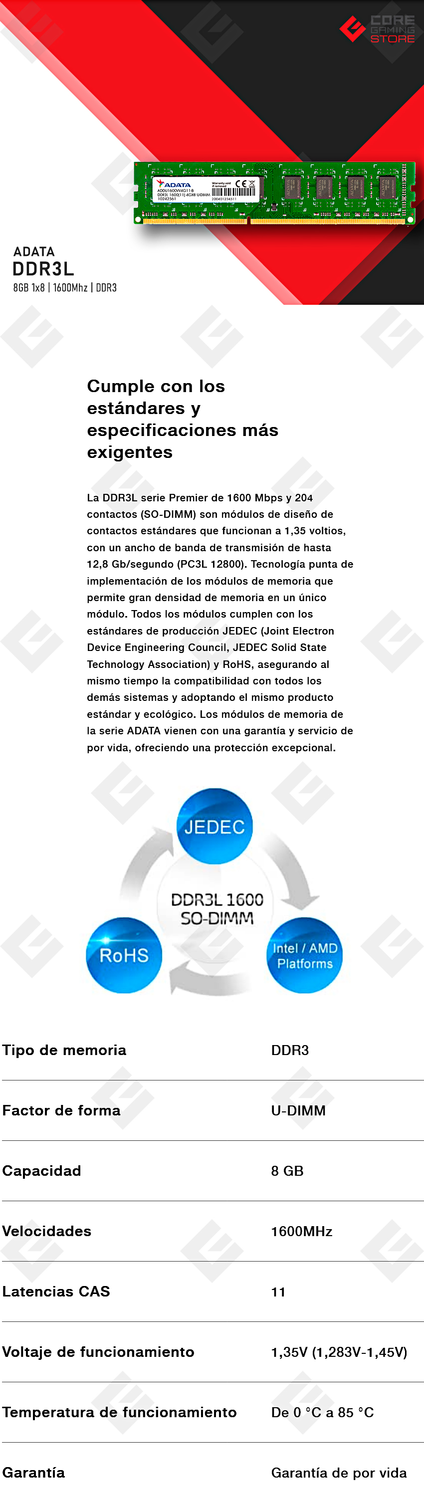Memoria RAM Adata Premier DDR3L, U-DIMM, DDR3 8GB 1x8, 1600Mhz - ADDU1600W8G11-S