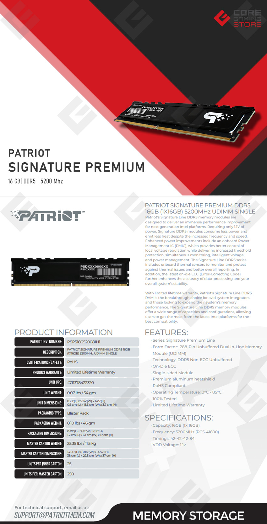 Memoria RAM Patriot Signature Premium, 16GB, DDR5, 5200Mhz - PSP516G520081H1