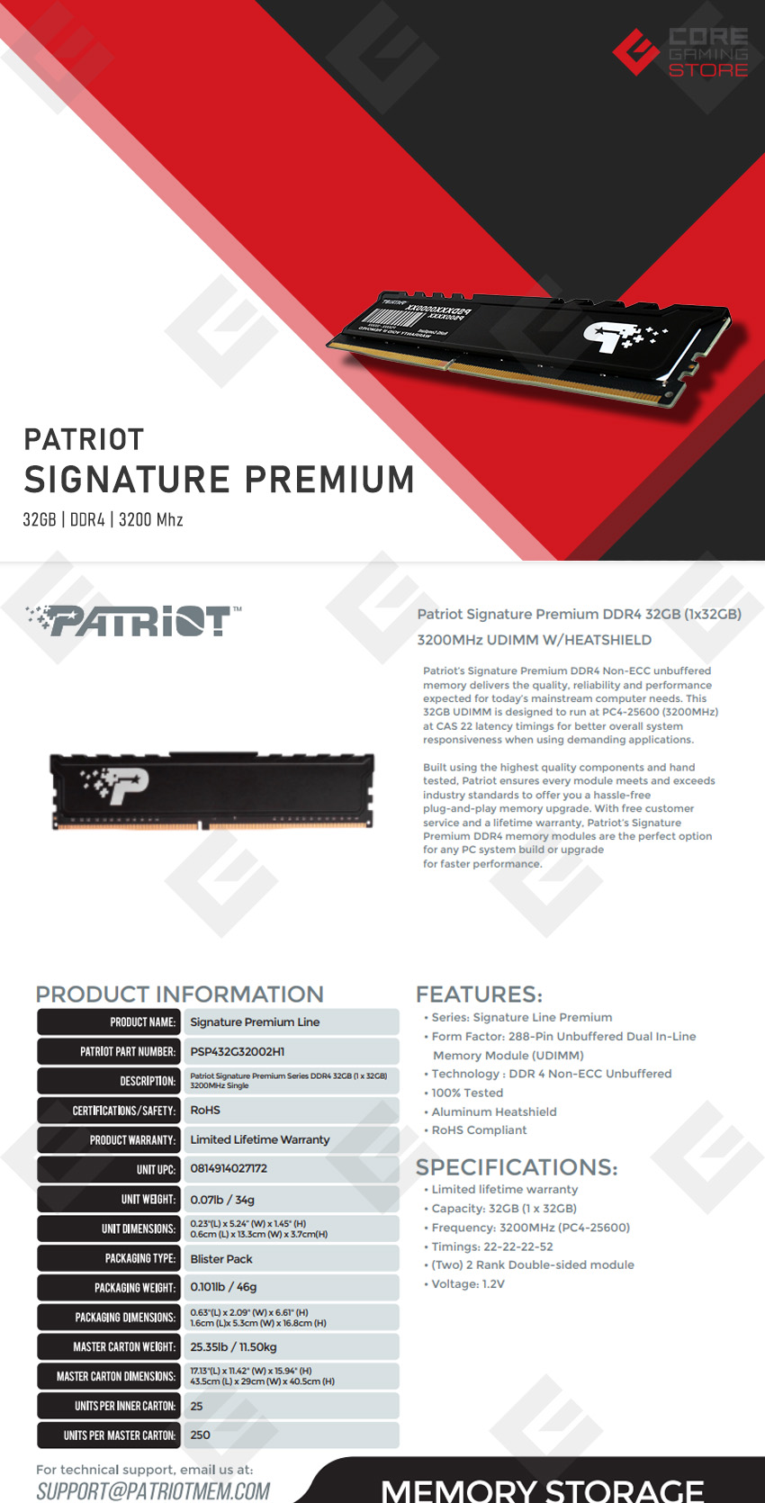 Memoria RAM Patriot Signature Premium, 32GB, DDR4, 3200Mhz - PSP432G32002H1