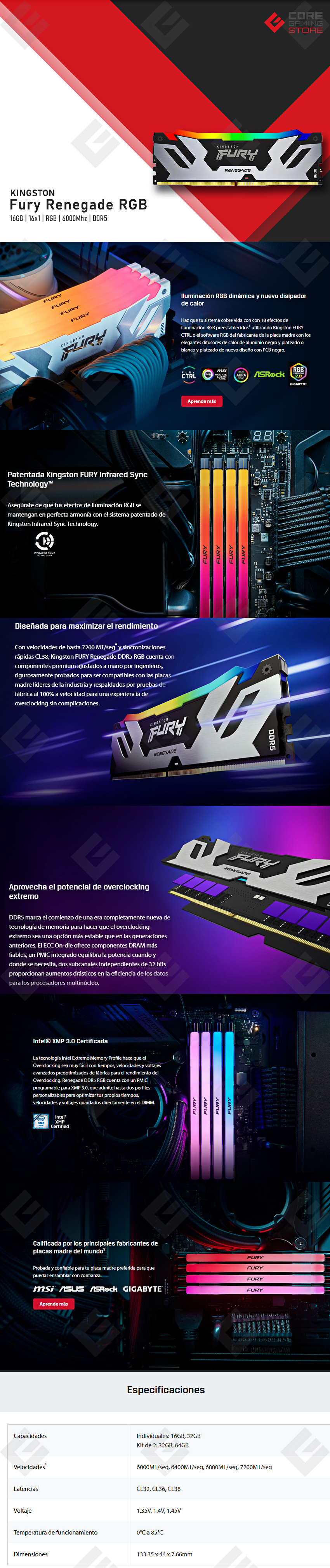 Memoria RAM Kingston Fury Renegade RGB 16GB DDR5 1x16GB 6000Mhz - KF560C32RSA-16