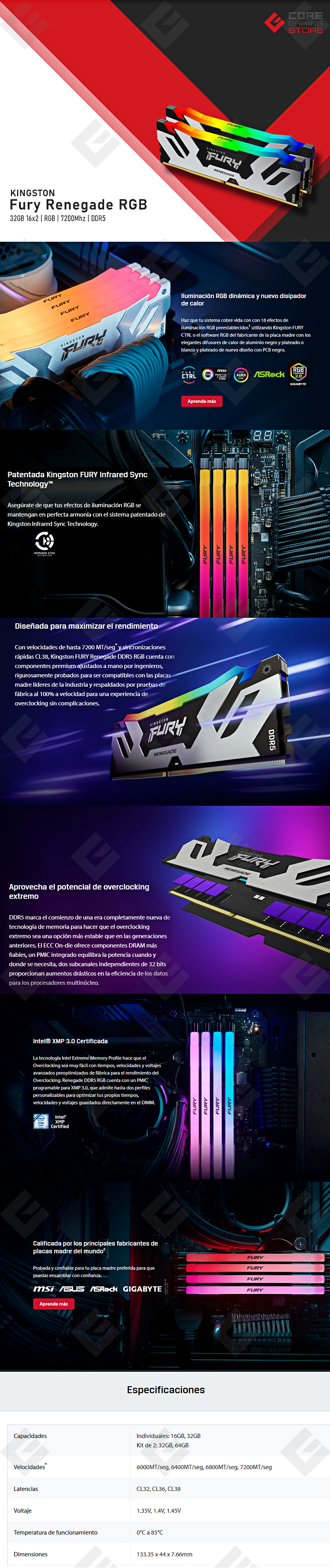 Memoria RAM Kingston Fury Renegade DDR5 RGB, 32GB 2x16GB  7200Mhz - KF572C38RSAK2-32  