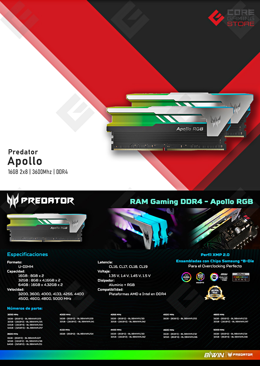 Memoria RAM Predator Apollo, RGB, 16GB DDR4 2x8GB 3600Mhz - BL.9BWWR.227
