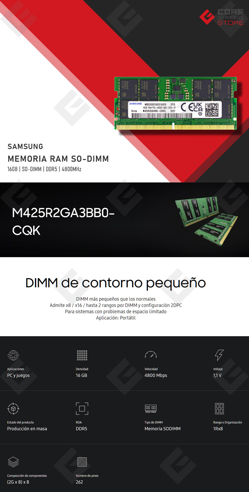 Memoria RAM SO-DIMM Samsung, 16GB, DDR5, 4800Mhz - M425R2GA3BB0-CQK