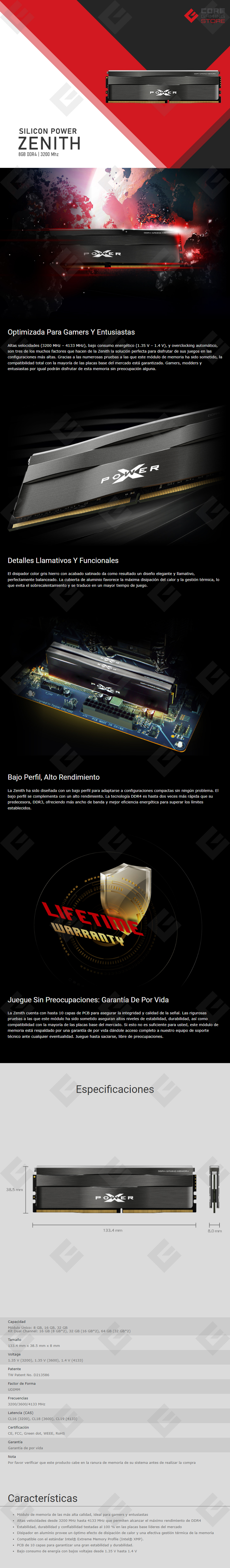 Memoria RAM Silicon Power XPower Zenith 8GB 3200Mhz - SP008GXLZU320BSC