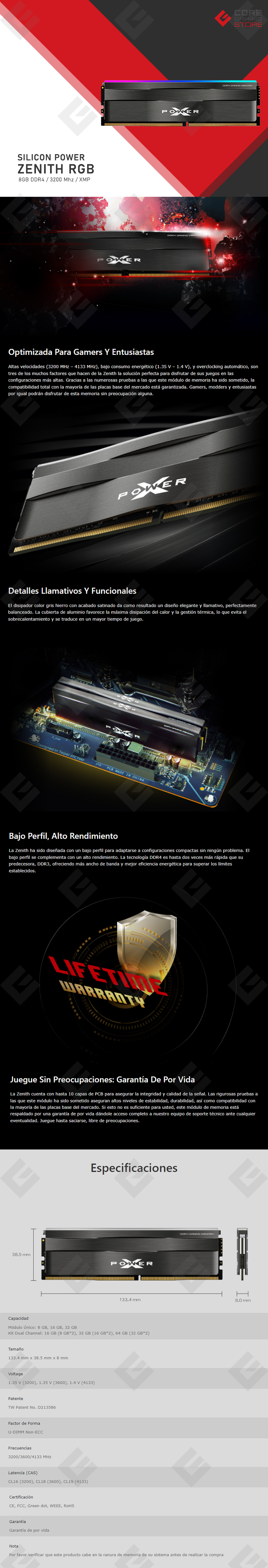 Memoria RAM Silicon Power XPower Zenith RGB 8GB 3200Mhz - SP008GXLZU320BSD