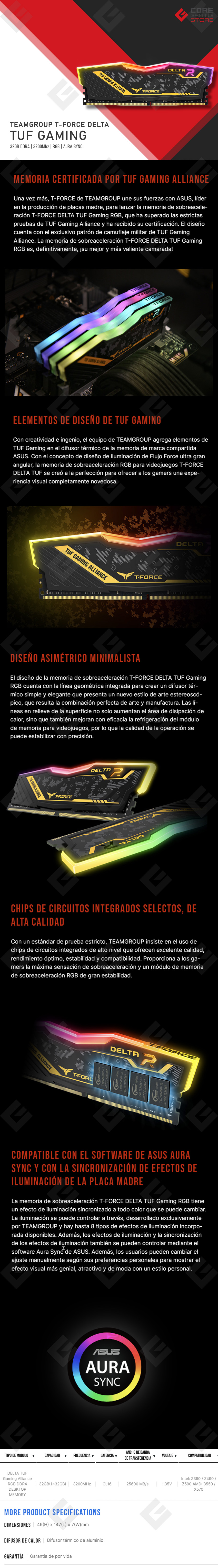 Memoria RAM Teamgroup T-Force Delta TUF RGB DDR4 32GB 1x32GB, 3200MHZ Camuflaje - TF9D432G3200HC16FBK