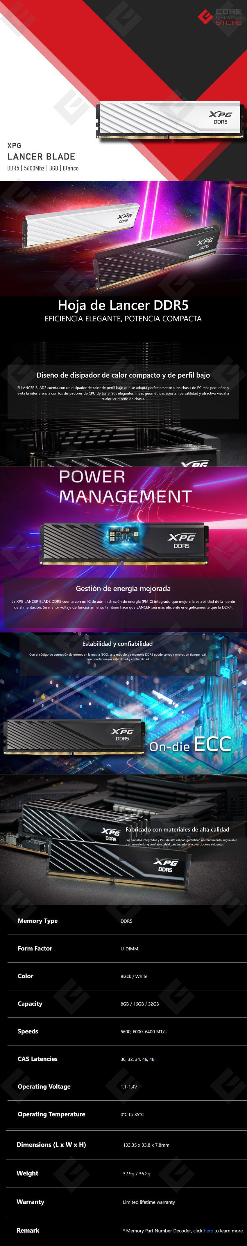 Memoria RAM XPG Lancer Blade, 8GB, DDR5, 5600Mhz, Blanco - AX5U5600C468G-SLABWH