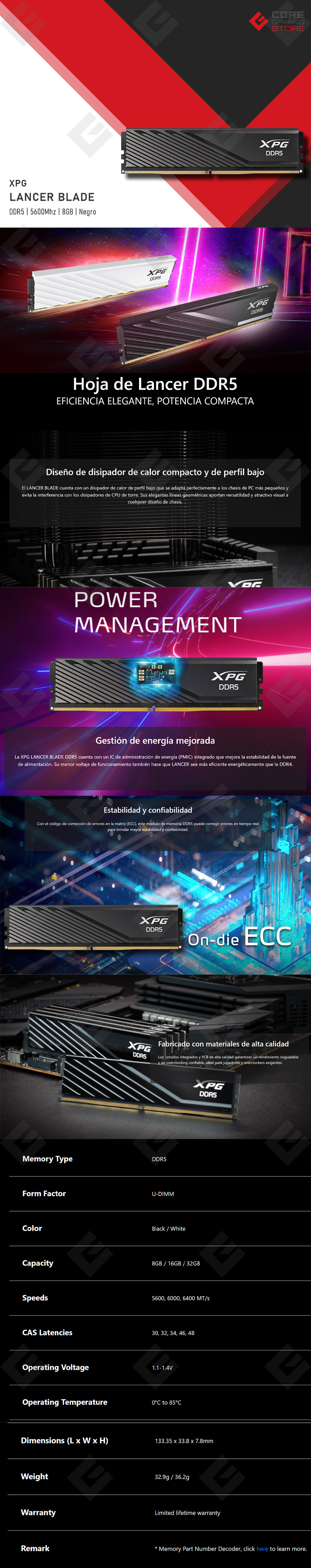 Memoria RAM XPG Lancer Blade, 8GB, DDR5, 5600Mhz, Negro - AX5U5600C468G-SLABBK