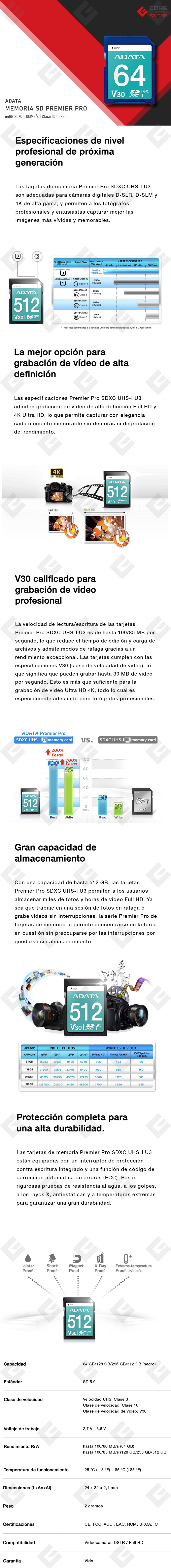 Memoria SD Adata Premier Pro SDXC, 64GB, UHS-I, U3, V30, CLASE 10 - ASDX64GUI3V30S-R